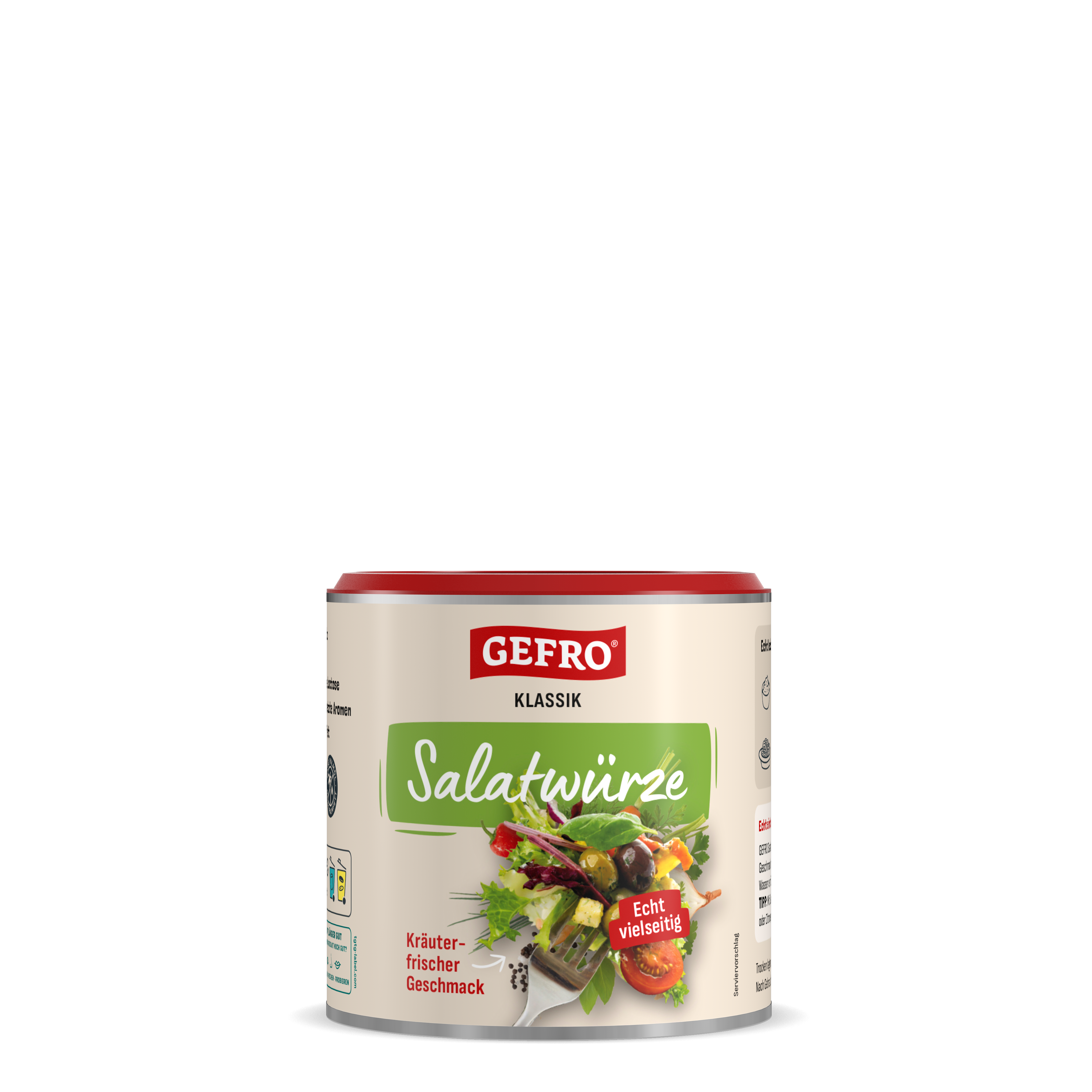 Dose GEFRO Klassik Salatwürze mit rotem Deckel und Salatmotiv auf hellem Hintergrund, für frische Salate und Dressings