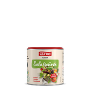 Dose GEFRO Klassik Salatwürze mit rotem Deckel, grünem Etikett und Salatmotiv auf hellem Hintergrund