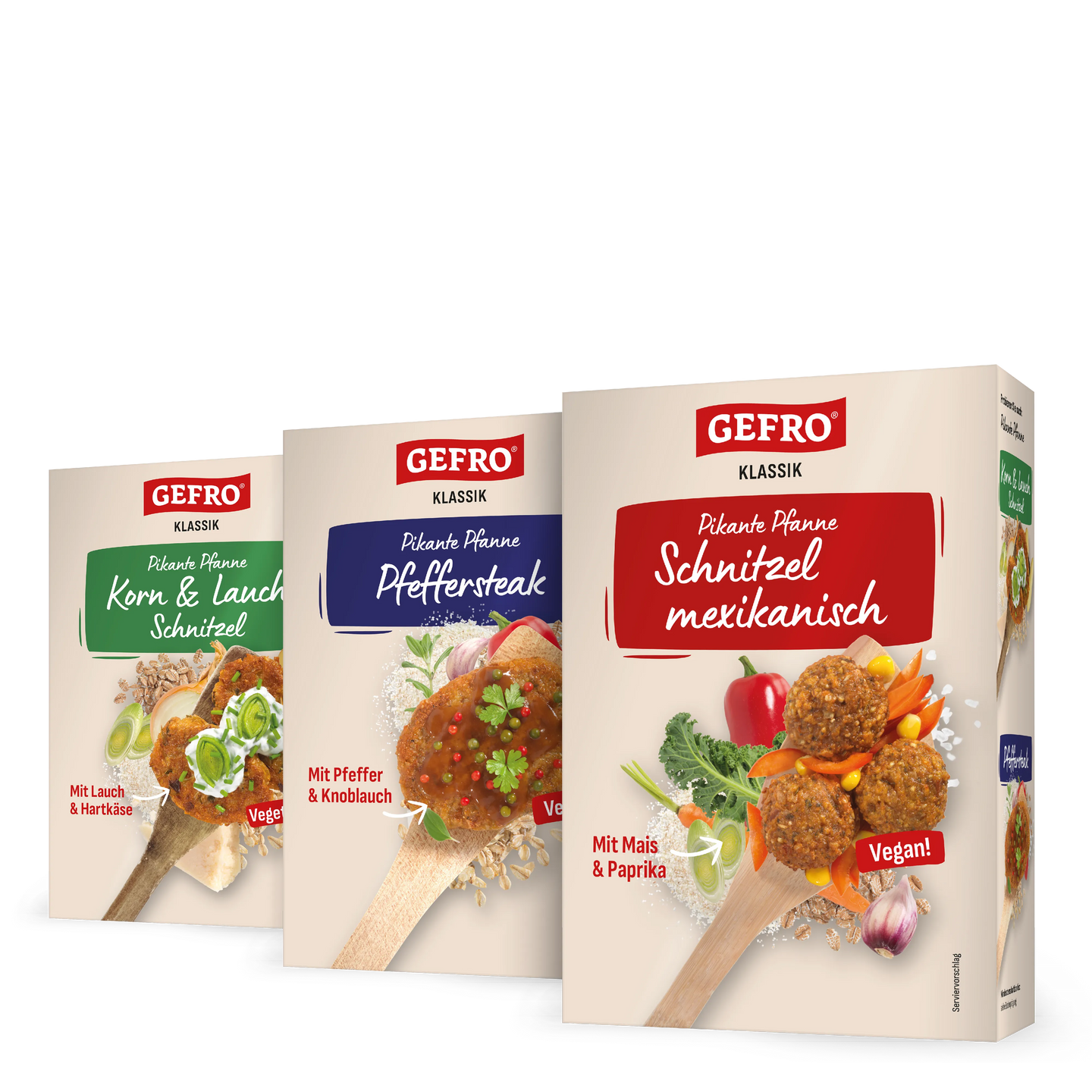 Drei GEFRO Klassik Packungen für pikante vegane Schnitzelpfannen mit verschiedenen Sorten im Überblick