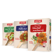 Drei GEFRO Klassik Packungen für pikante vegane Schnitzelpfannen mit verschiedenen Sorten im Überblick