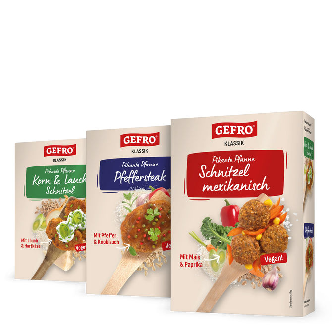 Drei GEFRO Klassik Packungen für pikante vegane Schnitzelpfannen mit verschiedenen Sorten im Überblick