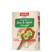 Verpackung GEFRO Klassik Pikante Pfanne Korn & Lauch Schnitzel, vegetarisch, mit Lauch und Hartkäse dargestellt