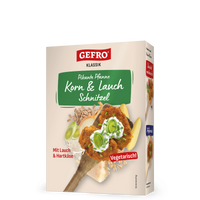 Verpackung GEFRO Klassik Pikante Pfanne Korn & Lauch Schnitzel, vegetarisch, mit Lauch und Hartkäse dargestellt