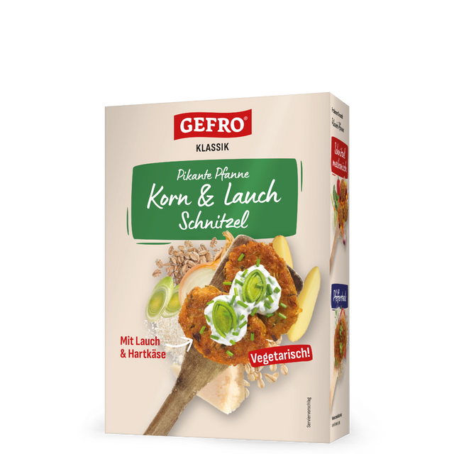 Verpackung GEFRO Klassik Pikante Pfanne Korn & Lauch Schnitzel, vegetarisch, mit Lauch und Hartkäse dargestellt