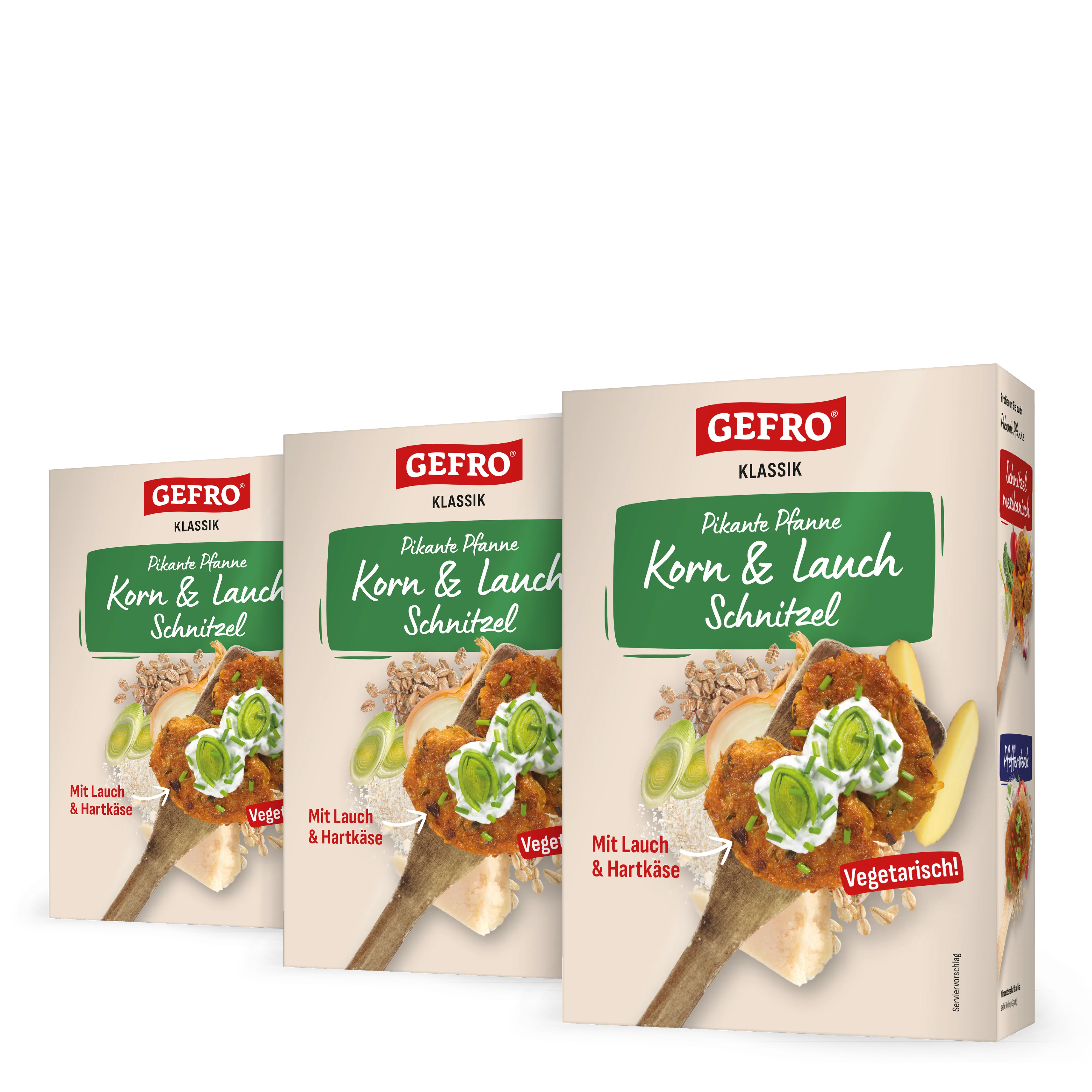 Drei Packungen GEFRO Klassik Korn & Lauch Schnitzel, vegetarische Pfanne mit Lauch und Hartkäse, frontal gezeigt