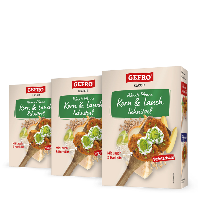 Drei Packungen GEFRO Klassik Korn & Lauch Schnitzel, vegetarische Pfanne mit Lauch und Hartkäse, frontal gezeigt