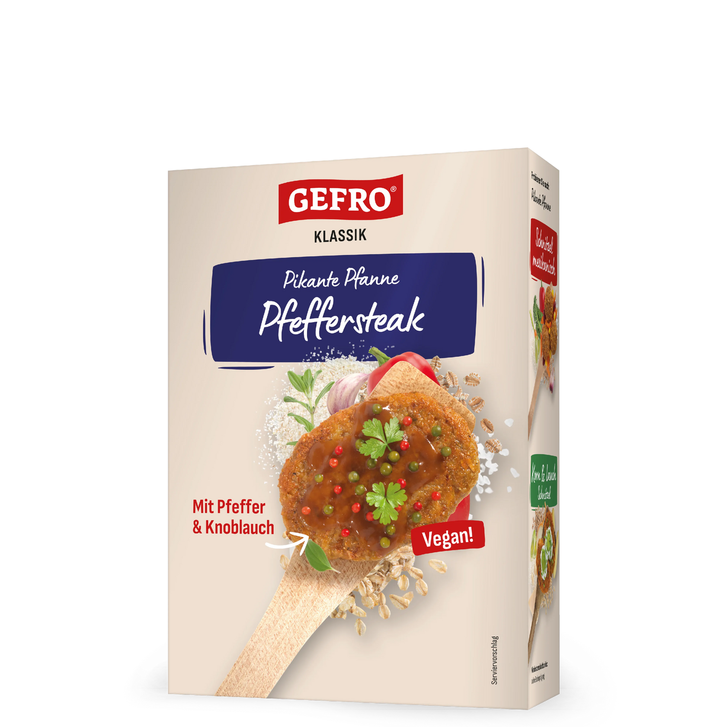 Verpackung von GEFRO Klassik Pikante Pfanne Pfeffersteak, vegan, mit Pfeffer und Knoblauch auf heller Box