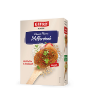 Verpackung von GEFRO Klassik Pikante Pfanne Pfeffersteak, vegan, mit Pfeffer und Knoblauch auf heller Box