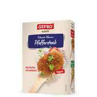 Verpackung von GEFRO Klassik Pikante Pfanne Pfeffersteak, vegan, mit Pfeffer und Knoblauch auf heller Box