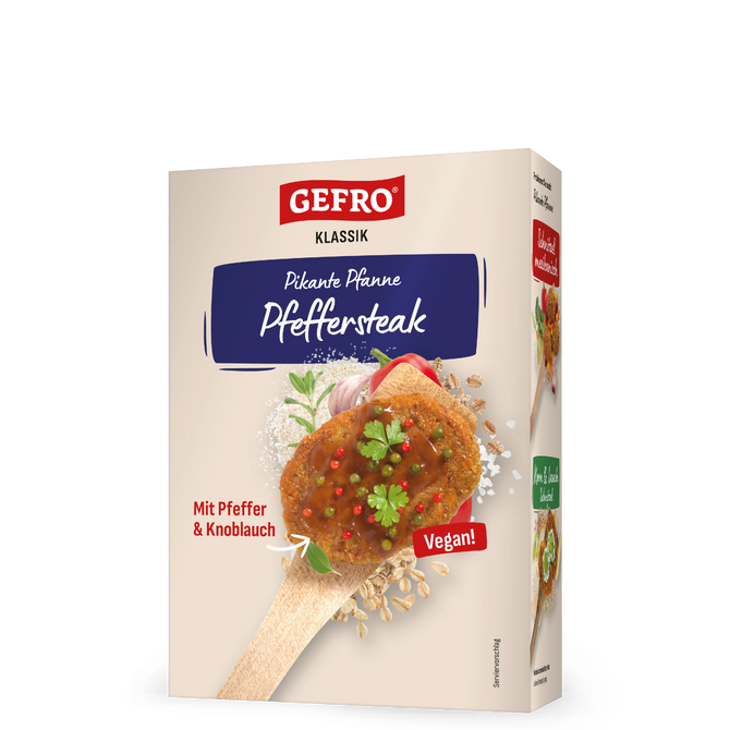 Verpackung von GEFRO Klassik Pikante Pfanne Pfeffersteak, vegan, mit Pfeffer und Knoblauch auf heller Box