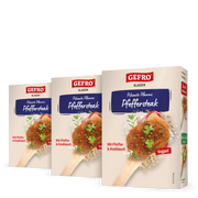 Drei Packungen GEFRO Klassik Pikante Pfanne Pfeffersteak, vegane Würzmischung mit Pfeffer und Knoblauch.