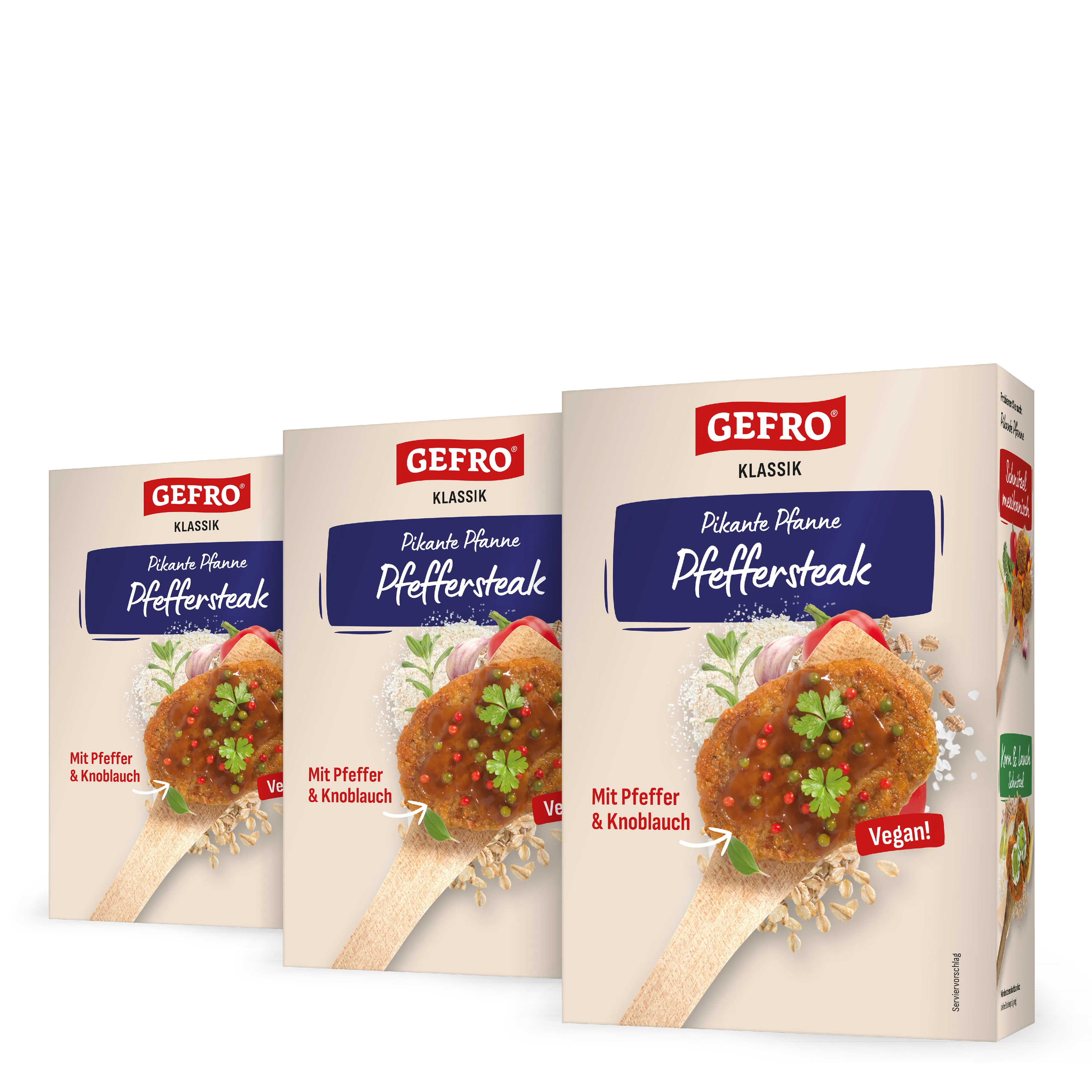 Drei Packungen GEFRO Klassik Pikante Pfanne Pfeffersteak, vegane Würzmischung mit Pfeffer und Knoblauch.