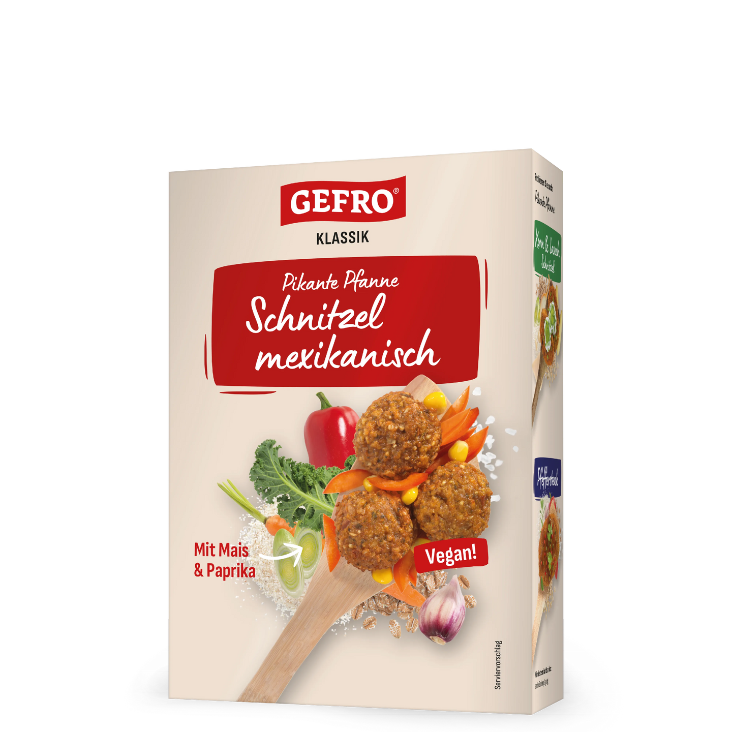 Verpackung von GEFRO Klassik Schnitzel mexikanisch, vegane pikante Pfanne mit Mais und Paprika.