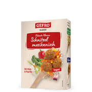 Verpackung von GEFRO Klassik Schnitzel mexikanisch, vegane pikante Pfanne mit Mais und Paprika.