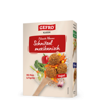 Verpackung von GEFRO Klassik Schnitzel mexikanisch, vegane pikante Pfanne mit Mais und Paprika.