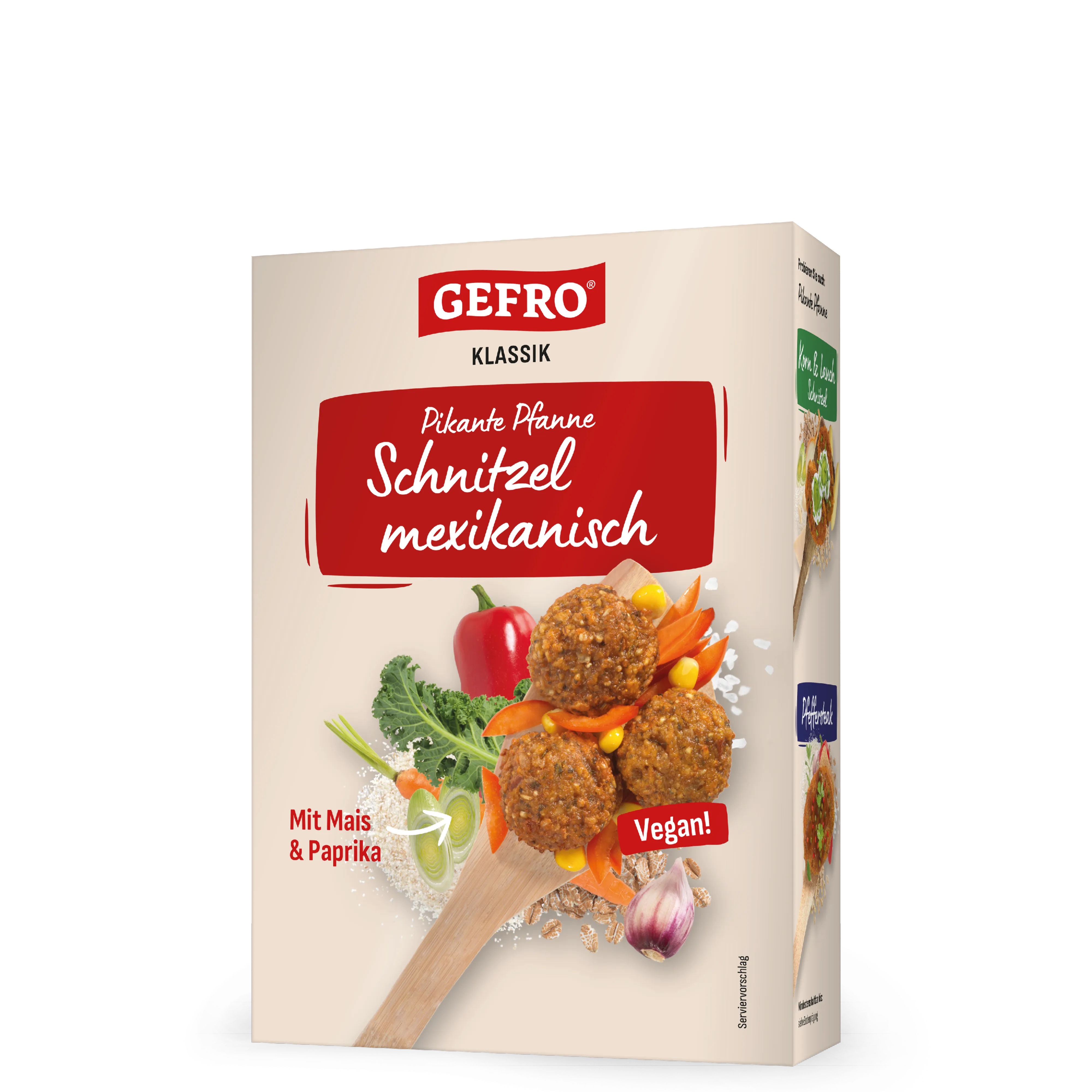 Verpackung von GEFRO Klassik Schnitzel mexikanisch, vegane pikante Pfanne mit Mais und Paprika.