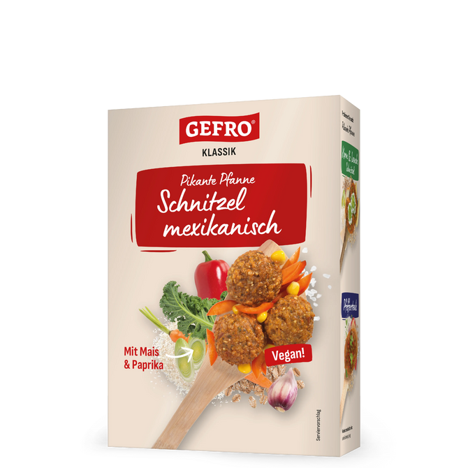 Verpackung von GEFRO Klassik Schnitzel mexikanisch, vegane pikante Pfanne mit Mais und Paprika.