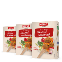 Drei Packungen GEFRO Klassik Schnitzel mexikanisch, vegane pikante Pfanne mit Mais und Paprika, frontal gezeigt