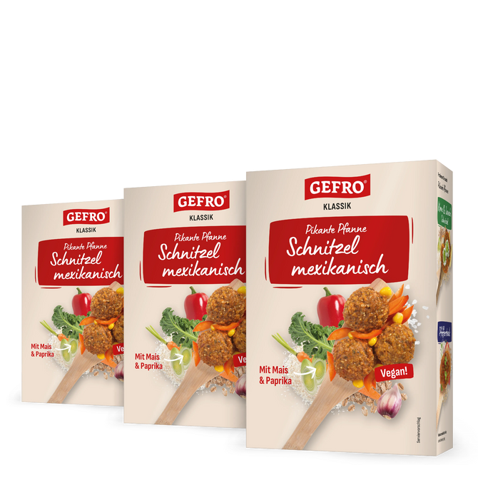Drei Packungen GEFRO Klassik Schnitzel mexikanisch, vegane pikante Pfanne mit Mais und Paprika, frontal gezeigt