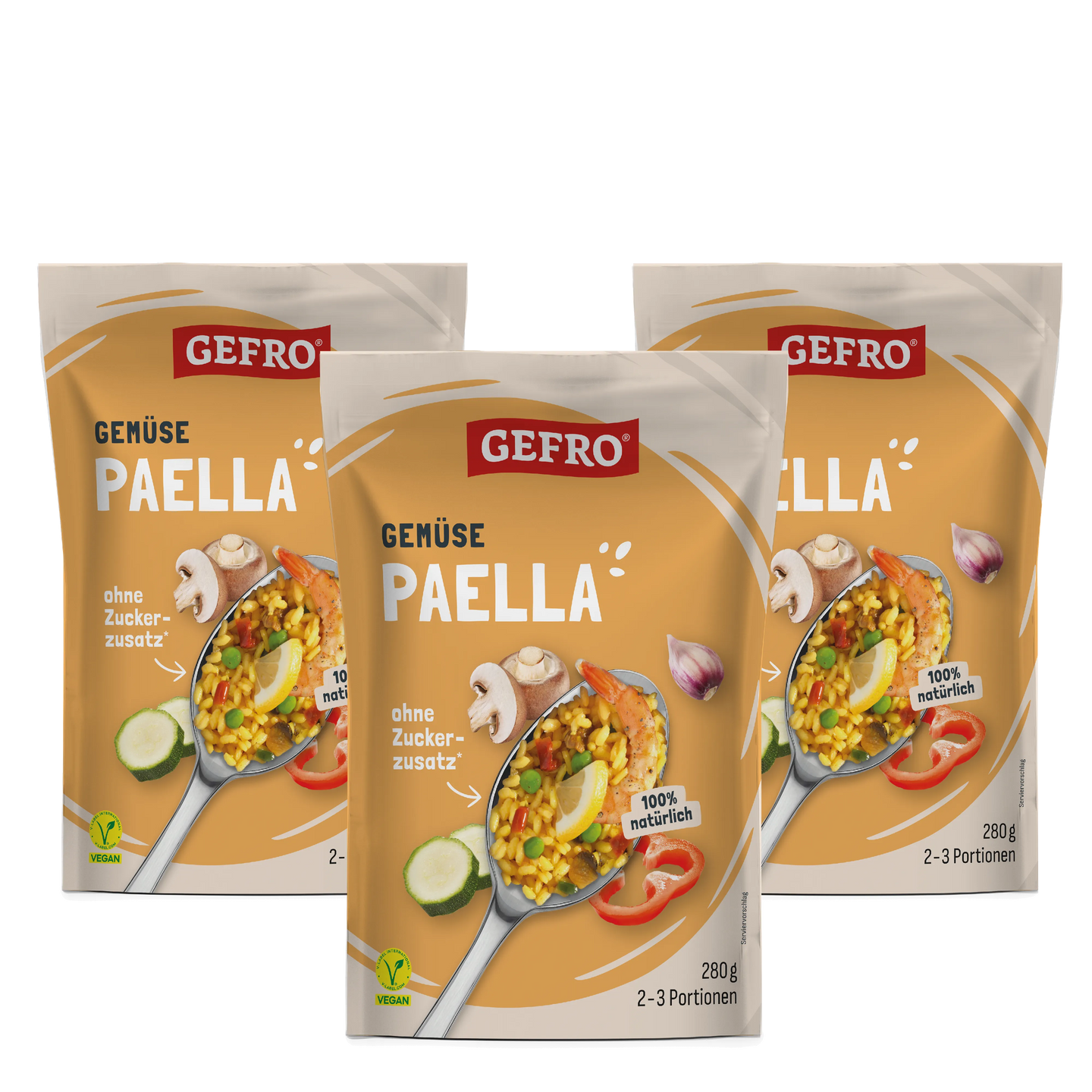 Drei Beutel GEFRO Gemüse Paella, vegane Trockenmischung ohne Zuckerzusatz, je 280 g für 2 bis 3 Portionen