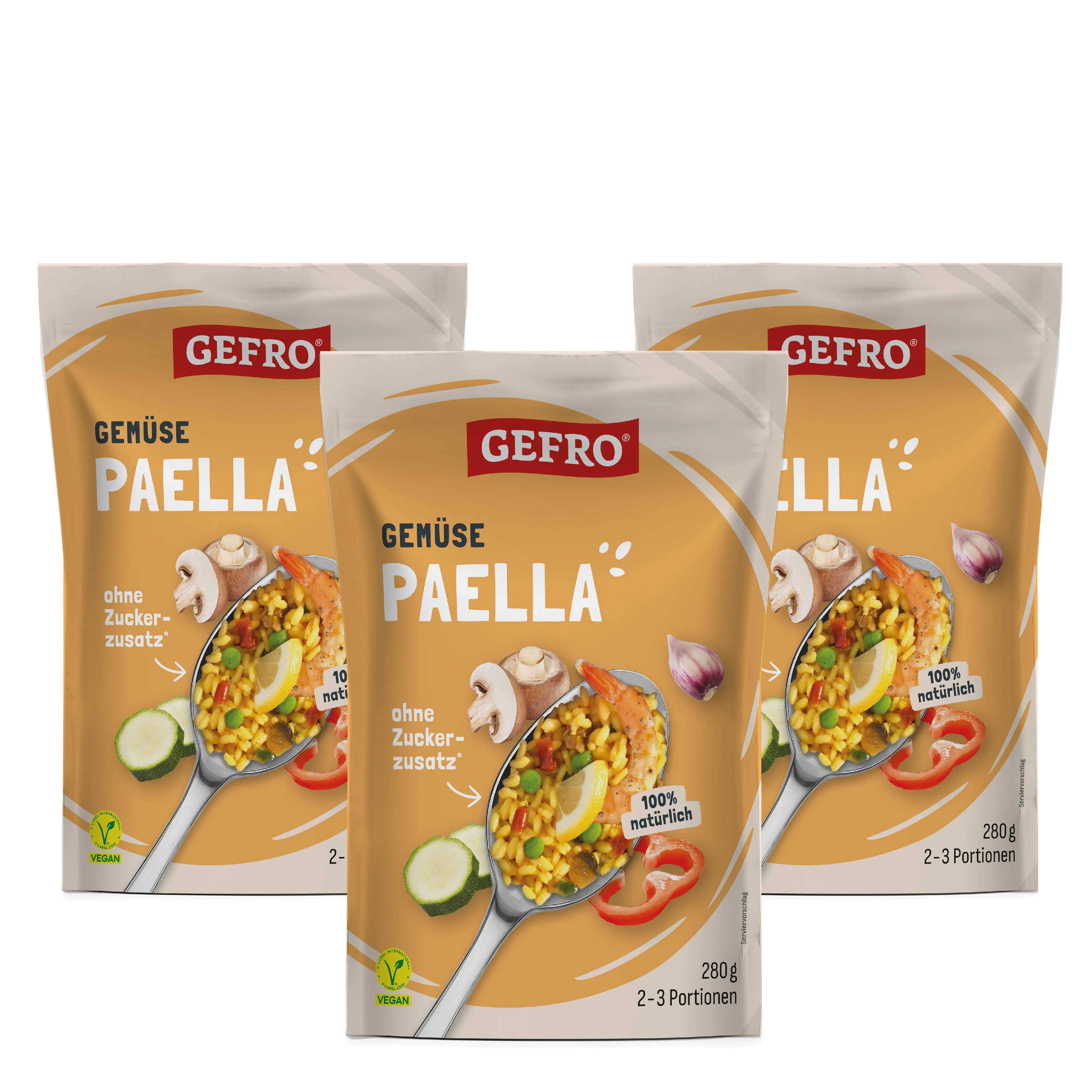 Drei Beutel GEFRO Gemüse Paella, vegane Trockenmischung ohne Zuckerzusatz, je 280 g für 2 bis 3 Portionen