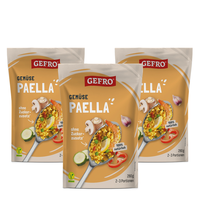Drei Beutel GEFRO Gemüse Paella, vegane Trockenmischung ohne Zuckerzusatz, je 280 g für 2 bis 3 Portionen