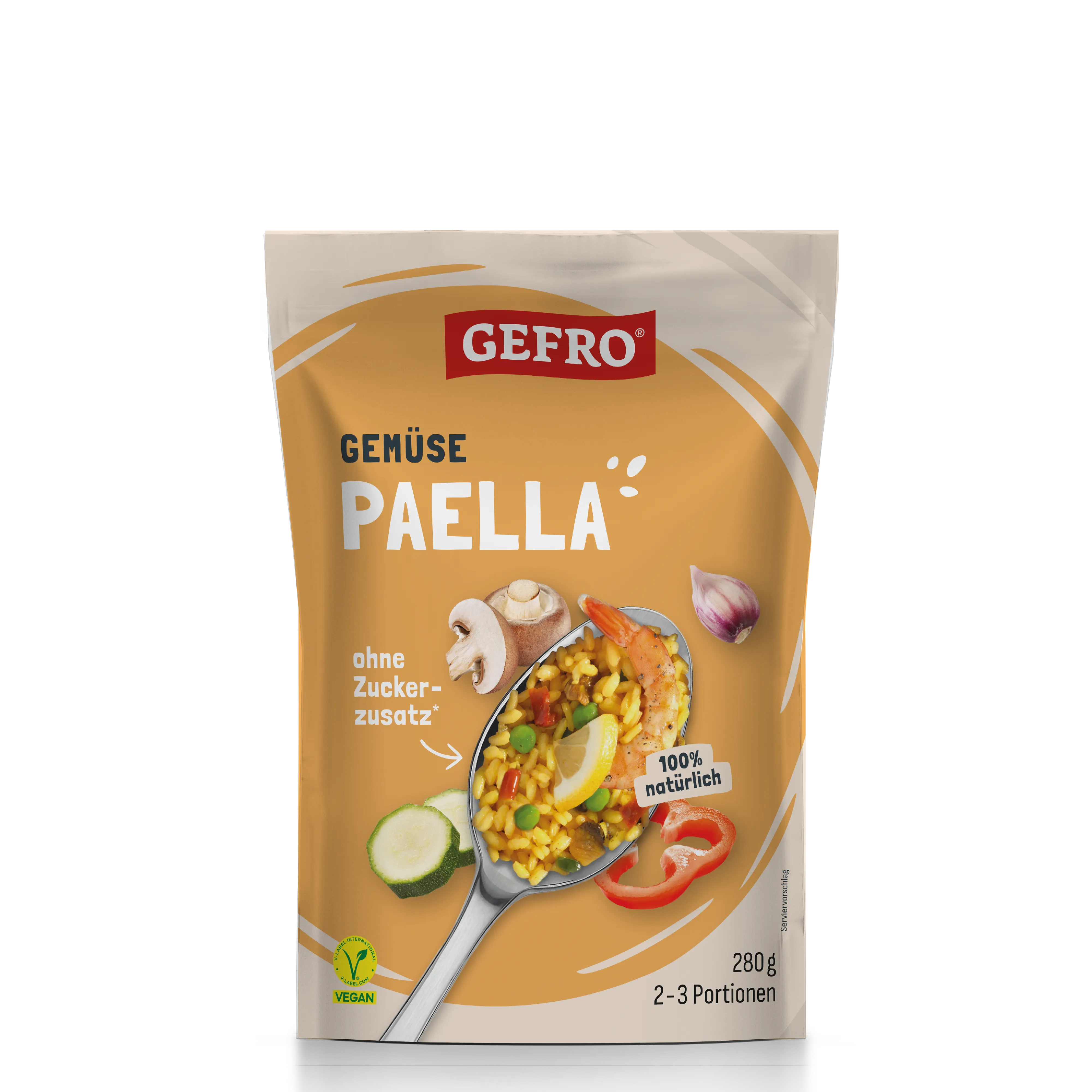 GEFRO Gemüse Paella im Standbeutel, 280 g für 2–3 Portionen, vegan, ohne Zuckerzusatz, mit Gemüsemotiv auf der Packung