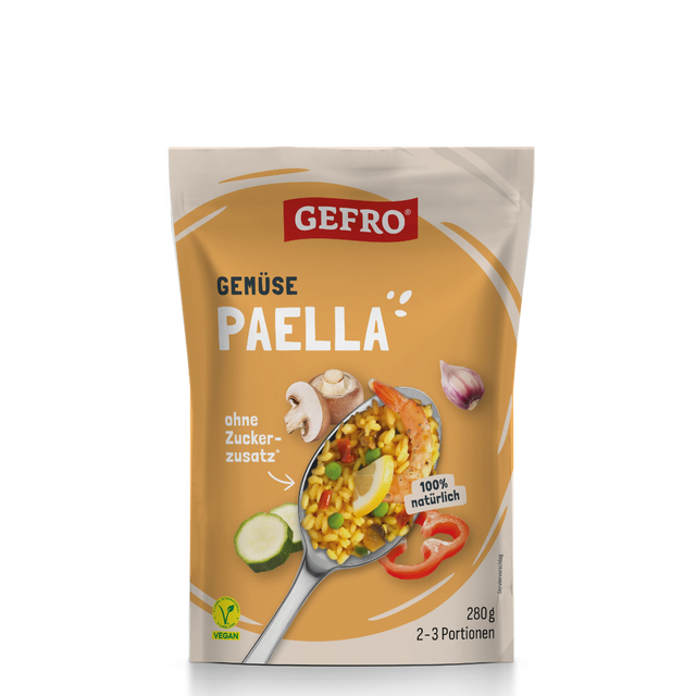 GEFRO Gemüse Paella im Standbeutel, 280 g für 2–3 Portionen, vegan, ohne Zuckerzusatz, mit Gemüsemotiv auf der Packung