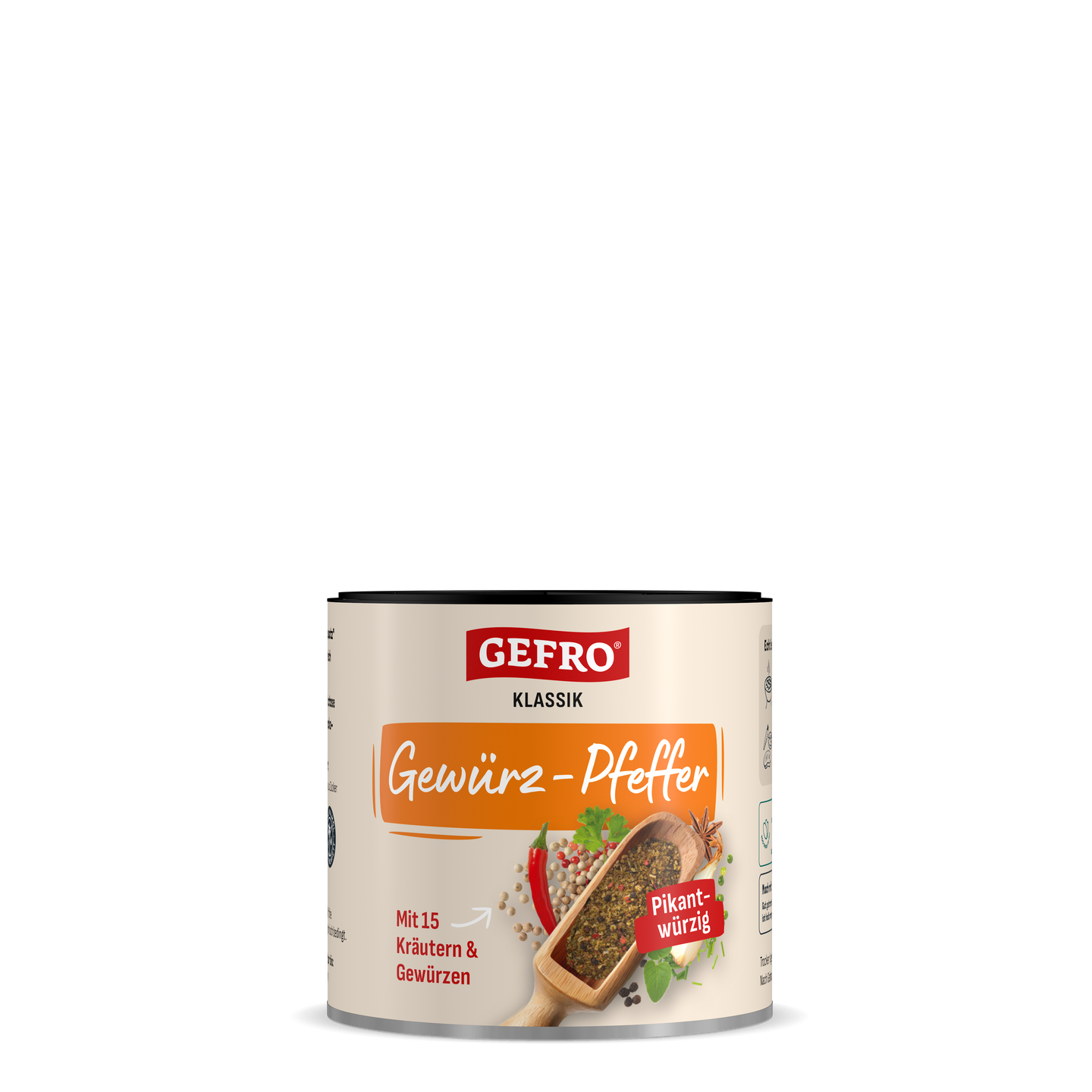 Dose GEFRO Klassik Gewürz-Pfeffer mit 15 Kräutern und Gewürzen, pikant-würzig, freigestellt auf schwarzem Hintergrund
