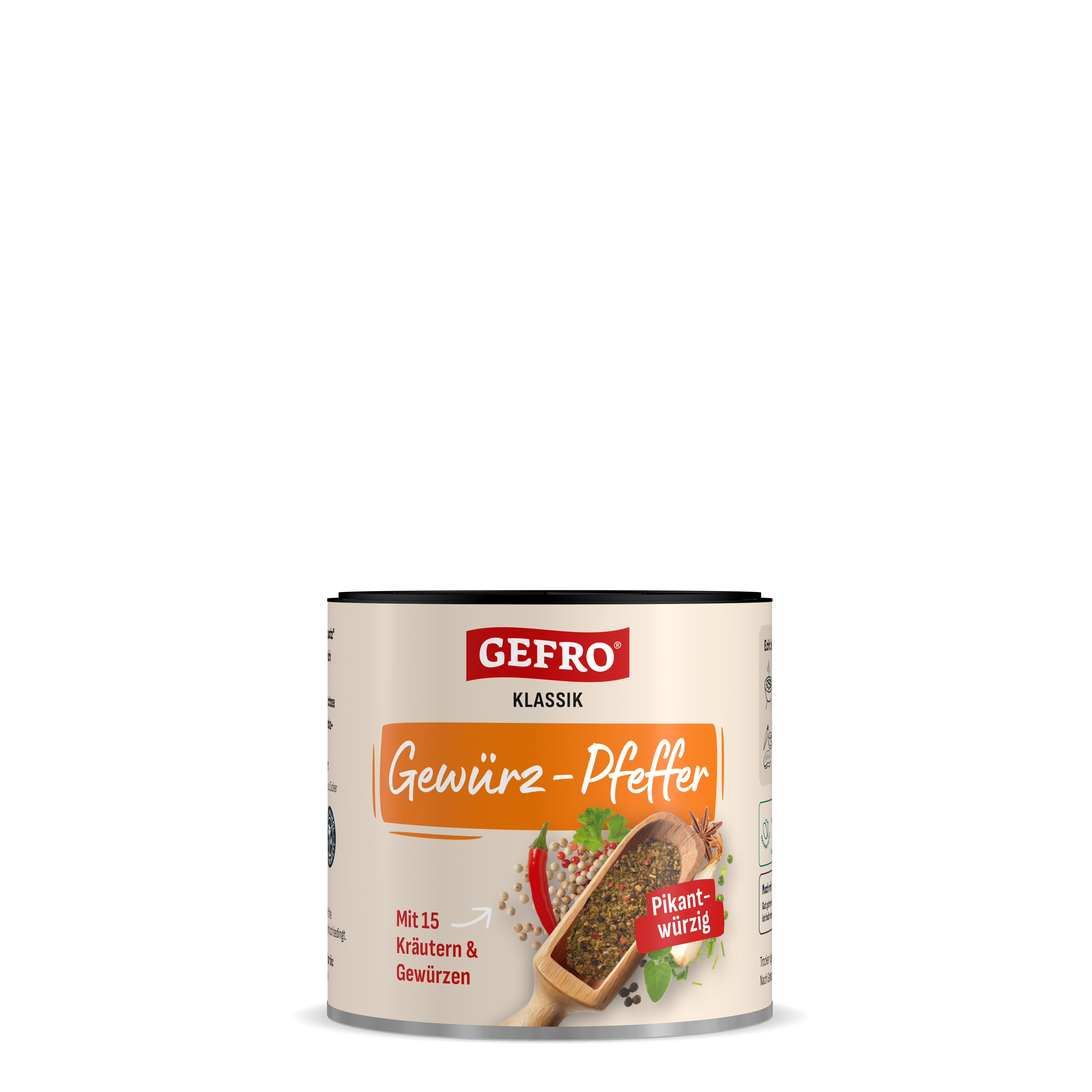 Dose GEFRO Klassik Gewürz-Pfeffer mit 15 Kräutern und Gewürzen, pikant-würzig, freigestellt auf schwarzem Hintergrund