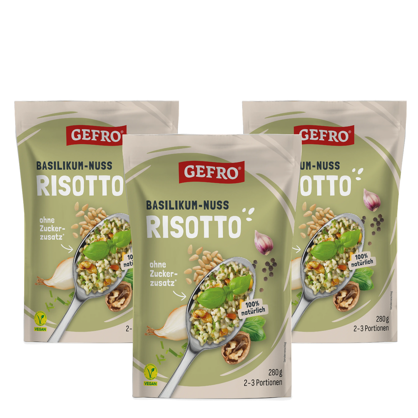 Drei Packungen GEFRO Basilikum-Nuss Risotto, 280 g, mit Serviervorschlag auf der Vorderseite und veganem Hinweis