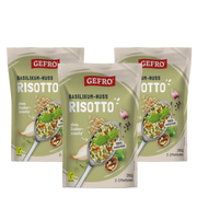Drei Packungen GEFRO Basilikum-Nuss Risotto, 280 g, mit Serviervorschlag auf der Vorderseite und veganem Hinweis