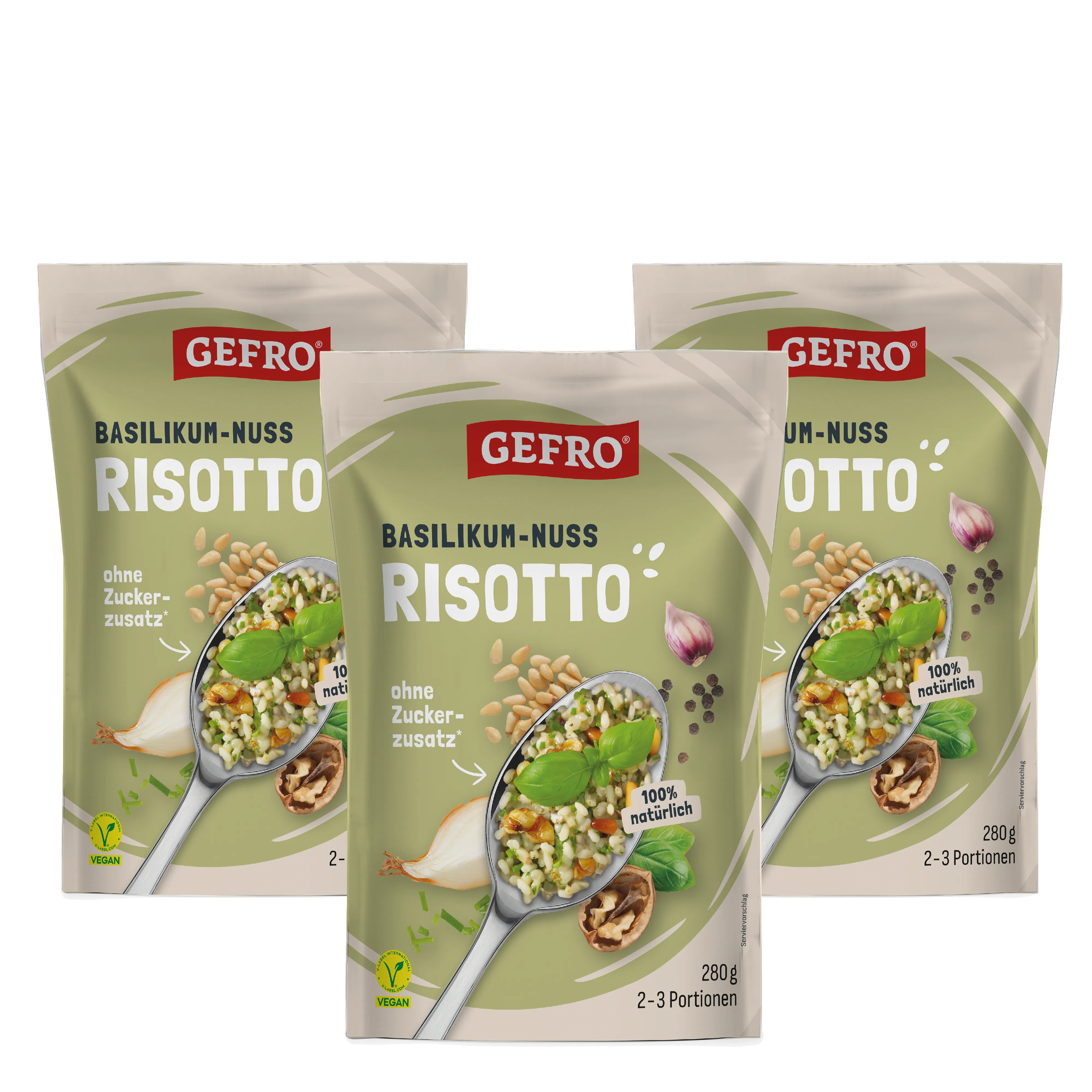 Drei Packungen GEFRO Basilikum-Nuss Risotto, 280 g, mit Serviervorschlag auf der Vorderseite und veganem Hinweis
