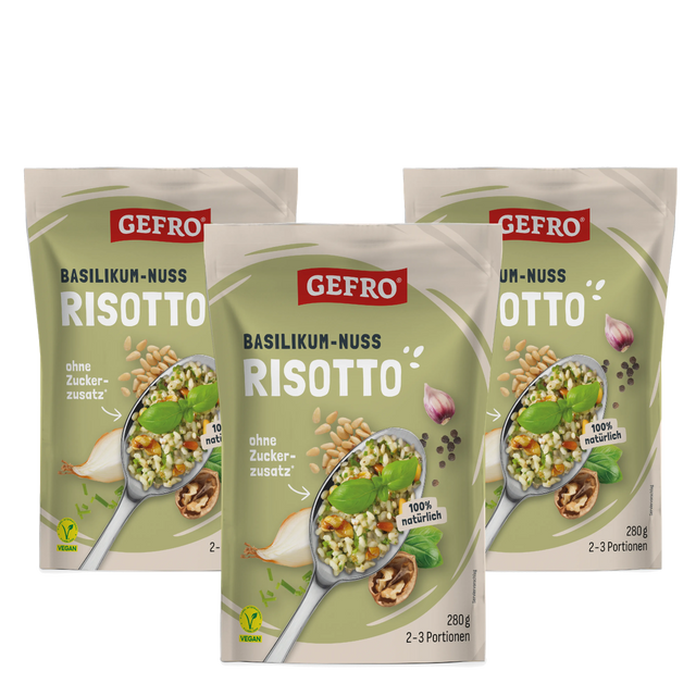 Drei Packungen GEFRO Basilikum-Nuss Risotto, 280 g, mit Serviervorschlag auf der Vorderseite und veganem Hinweis