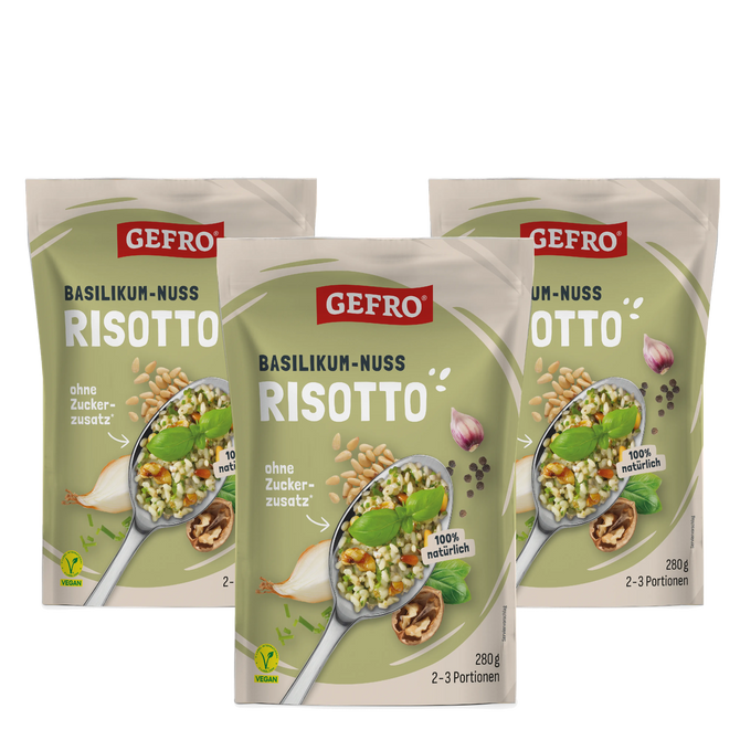 Drei Packungen GEFRO Basilikum-Nuss Risotto, 280 g, mit Serviervorschlag auf der Vorderseite und veganem Hinweis