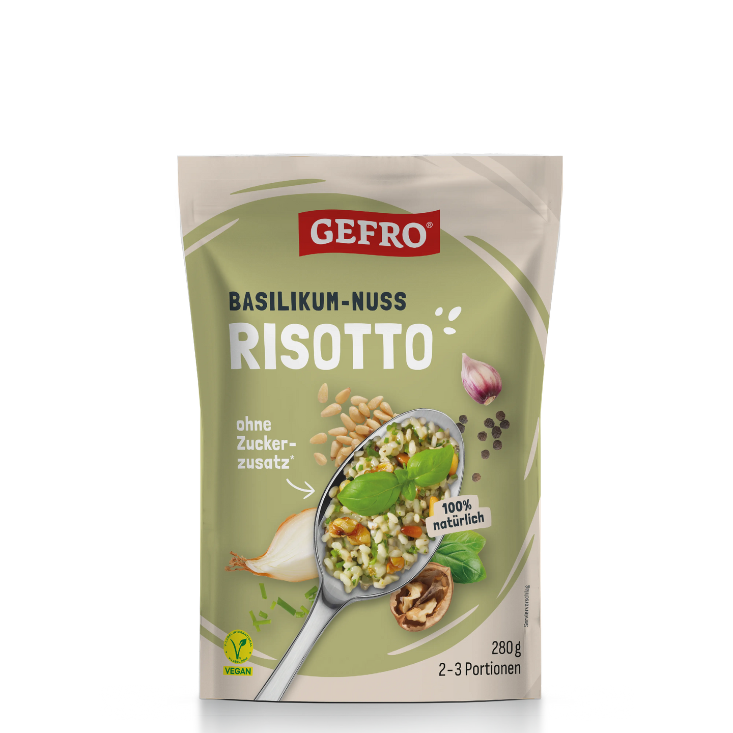 GEFRO Basilikum-Nuss Risotto im Standbeutel, vegan, 280 g für 2–3 Portionen, mit Basilikum und Nüssen.