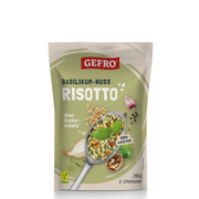 GEFRO Basilikum-Nuss Risotto im Standbeutel, vegan, 280 g für 2–3 Portionen, mit Basilikum und Nüssen.