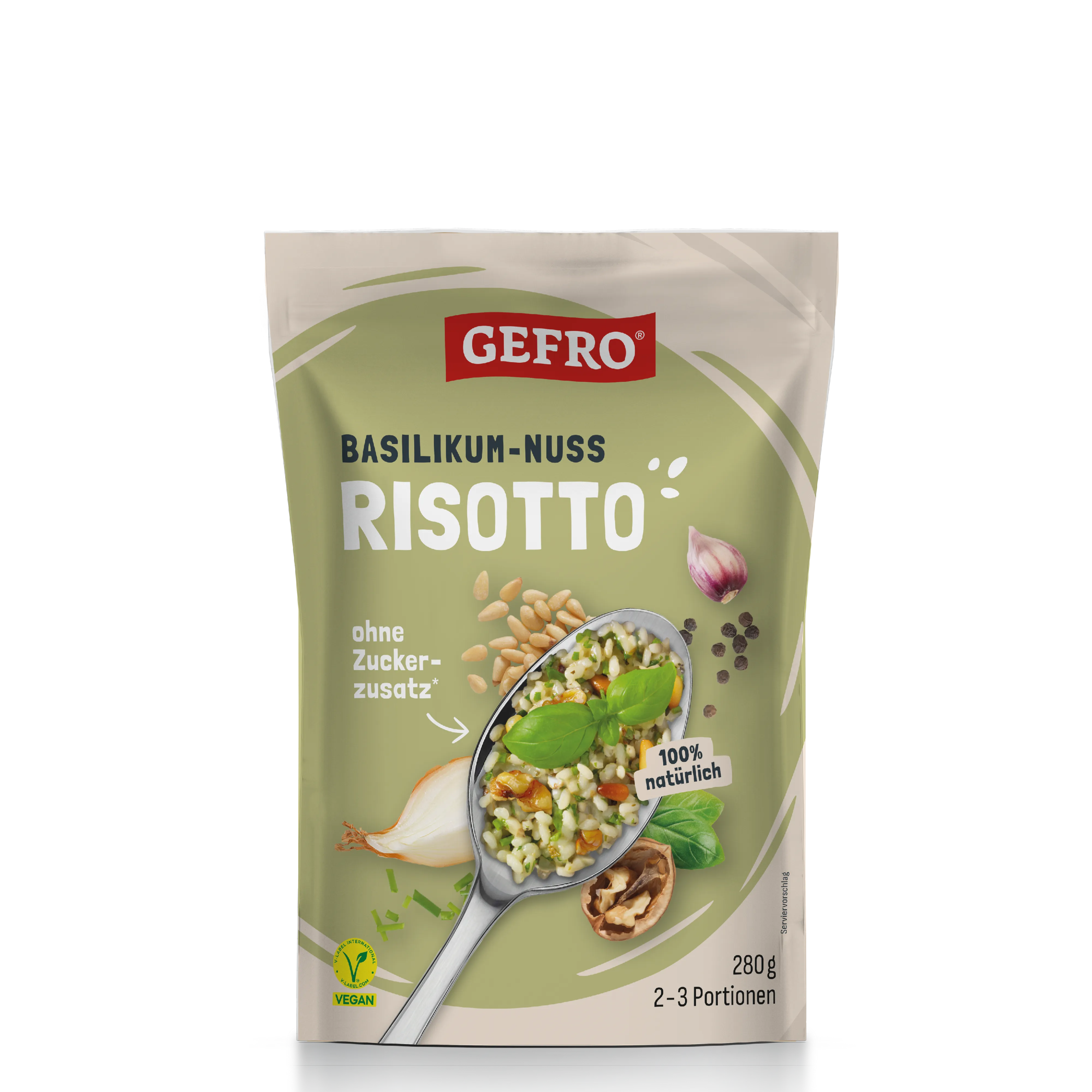 GEFRO Basilikum-Nuss Risotto im Standbeutel, vegan, 280 g für 2–3 Portionen, mit Basilikum und Nüssen.