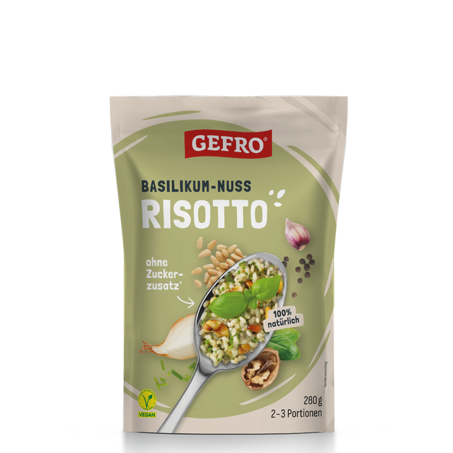 GEFRO Basilikum-Nuss Risotto im Standbeutel, vegan, 280 g für 2–3 Portionen, mit Basilikum und Nüssen.