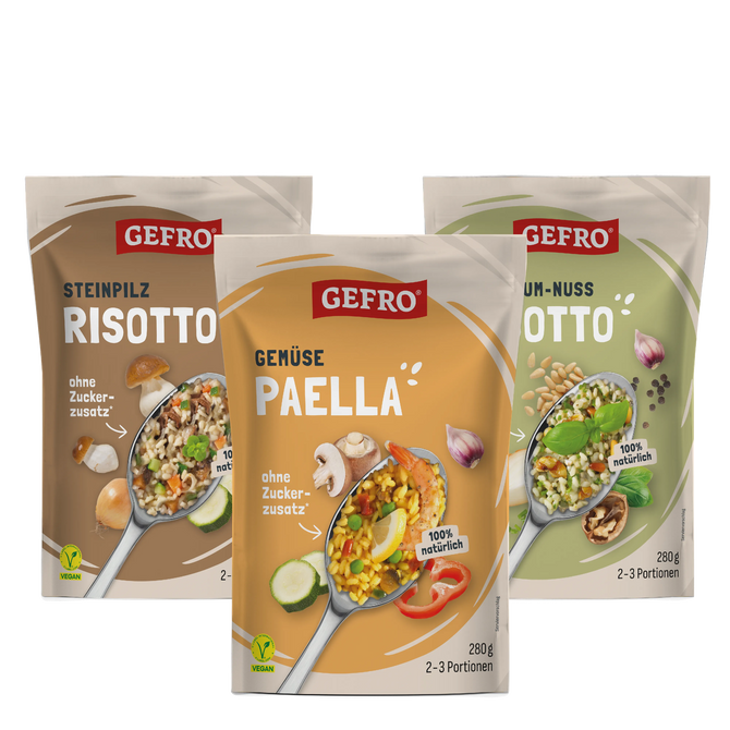 Drei GEFRO-Fertiggerichte im Beutel: Steinpilz-Risotto, Gemüse-Paella und Pesto-Risotto, jeweils 280 g.