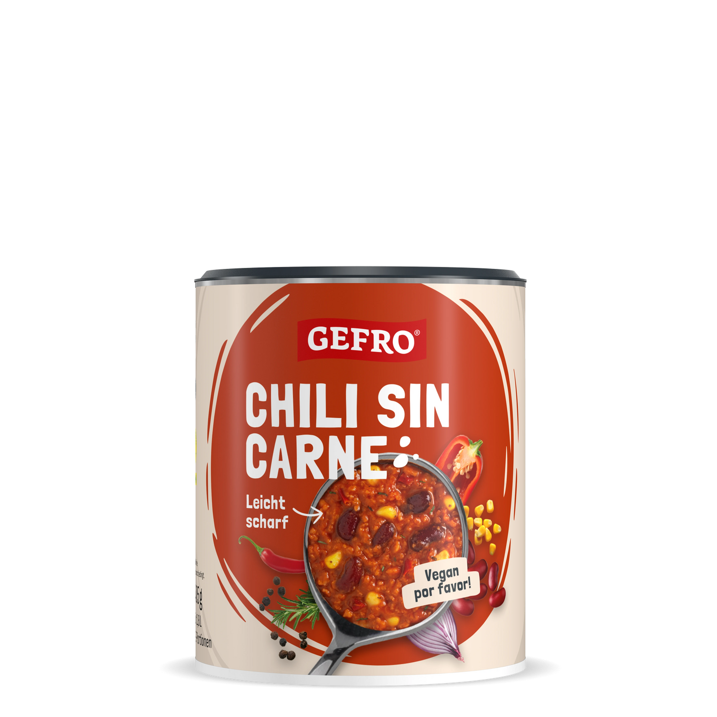 Dose GEFRO Chili sin Carne, veganes Fertiggericht, leicht scharf, mit Bohnen, Mais und Paprika auf dem Etikett