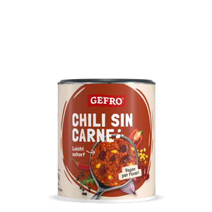 Dose GEFRO Chili sin Carne, veganes Fertiggericht, leicht scharf, mit Bohnen, Mais und Paprika auf dem Etikett