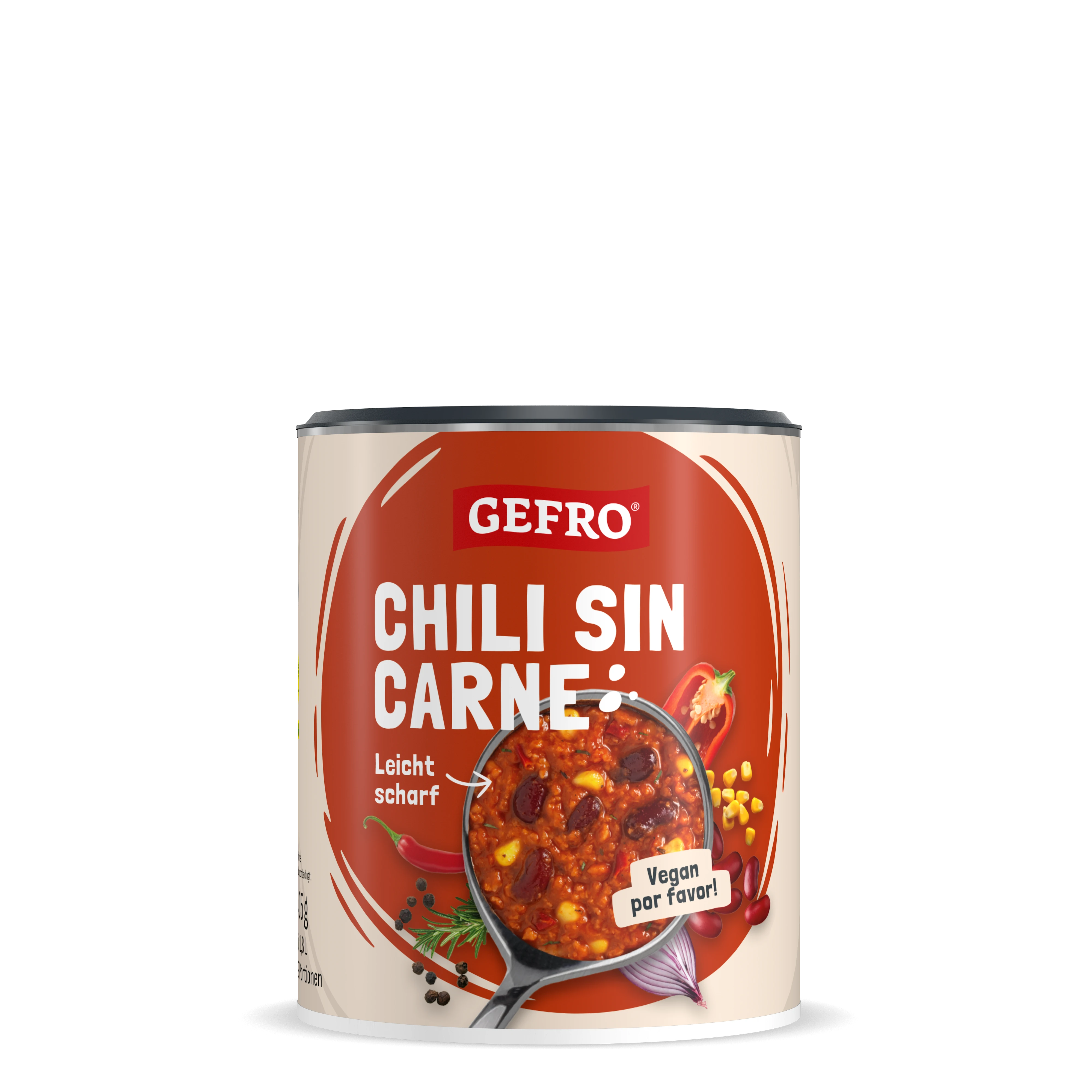 Dose GEFRO Chili sin Carne, veganes Fertiggericht, leicht scharf, mit Bohnen, Mais und Paprika auf dem Etikett