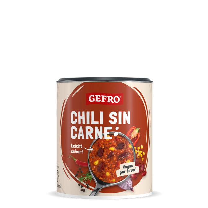 Dose GEFRO Chili sin Carne, veganes Fertiggericht, leicht scharf, mit Bohnen, Mais und Paprika auf dem Etikett
