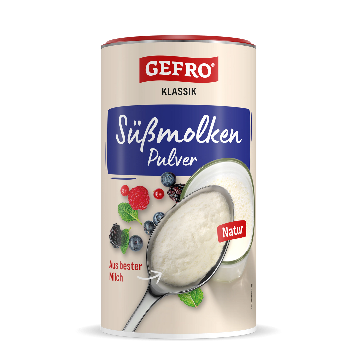 Dose GEFRO Klassik Süßmolkenpulver Natur mit Löffel voll Pulver, Glas Milch und Beeren auf hellem Etikett