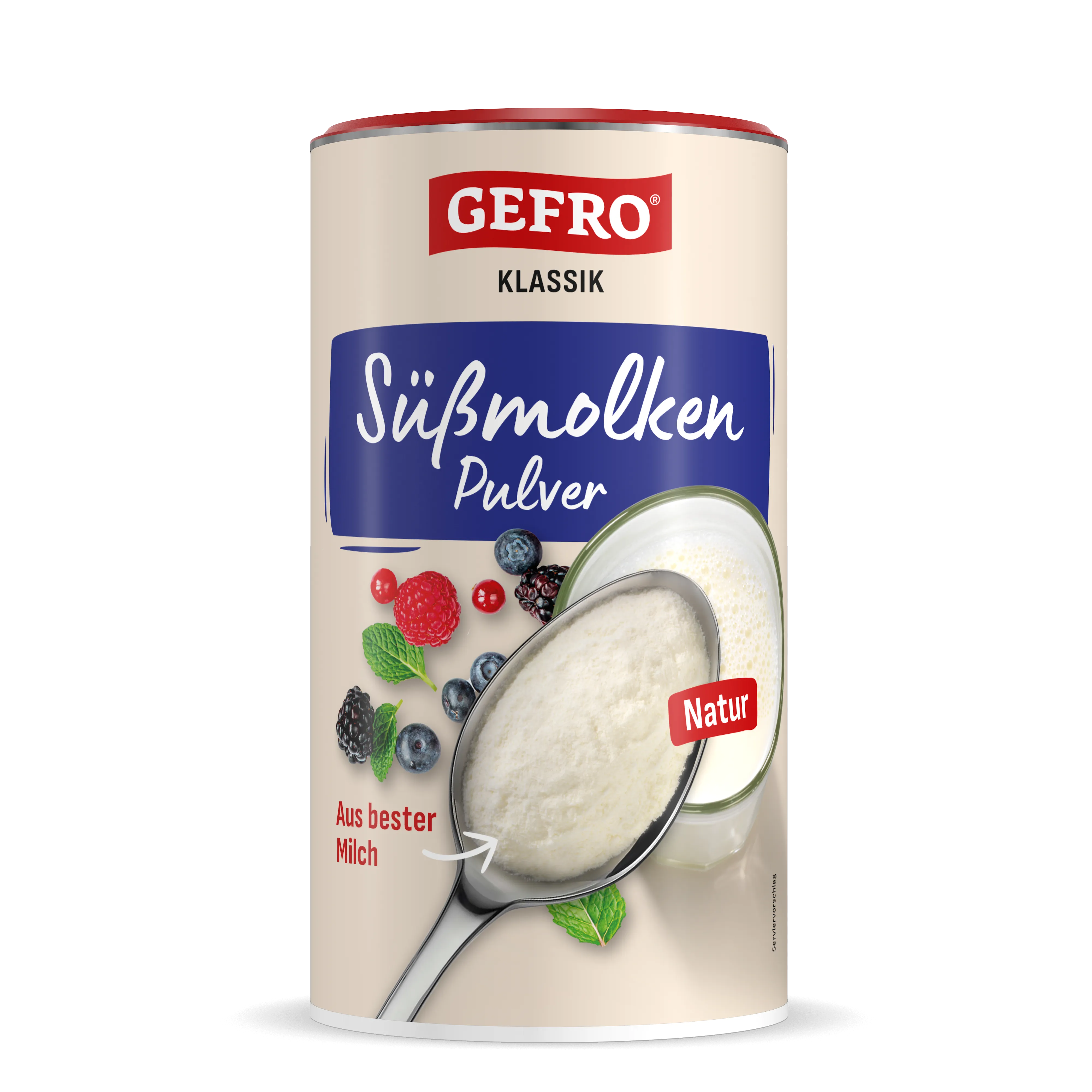 Dose GEFRO Klassik Süßmolkenpulver Natur mit Löffel voll Pulver, Glas Milch und Beeren auf hellem Etikett