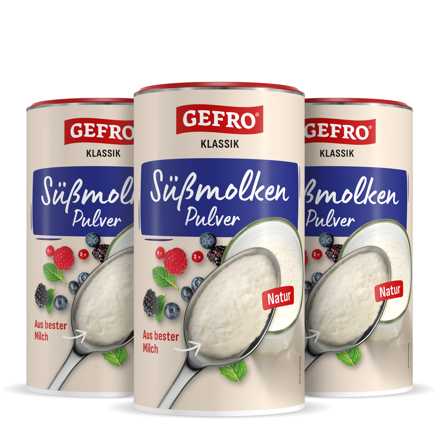 Drei Dosen GEFRO Süßmolkenpulver Klassik Natur, vorne mit Löffel voller Pulver und Beeren auf der Verpackung
