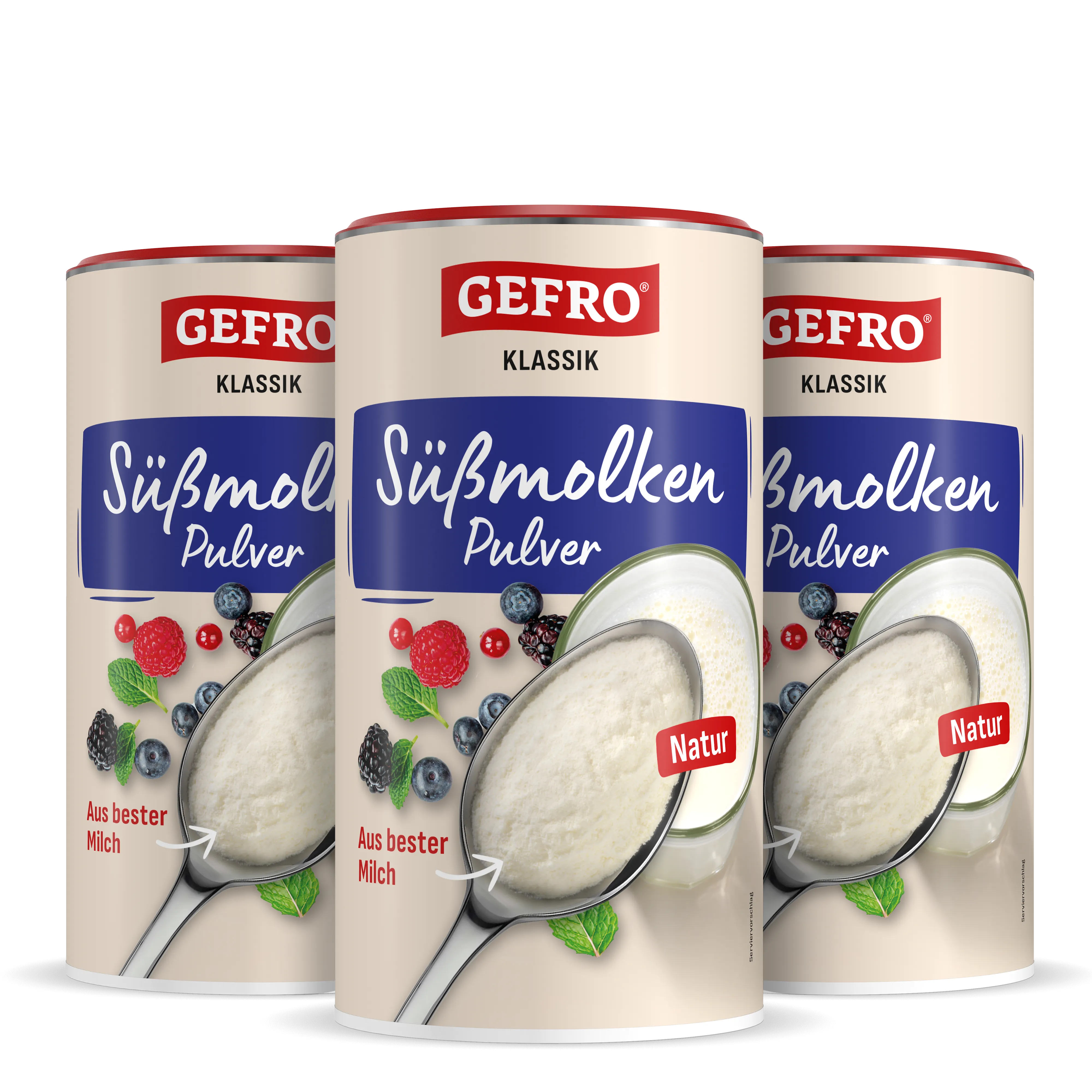 Drei Dosen GEFRO Süßmolkenpulver Klassik Natur, vorne mit Löffel voller Pulver und Beeren auf der Verpackung