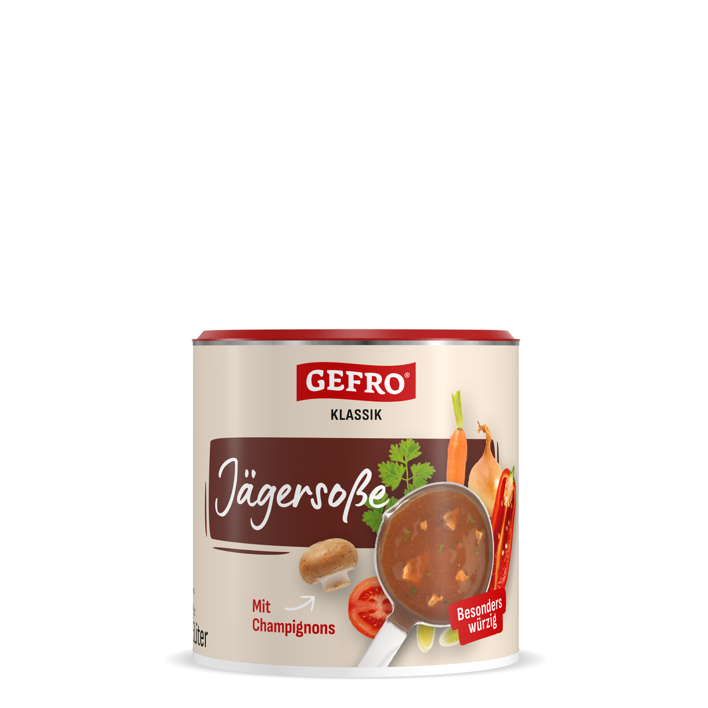 Dose Gefro Klassik Jägersoße mit Champignons, abgebildet mit Soße in Pfanne und Gemüse auf der Verpackung