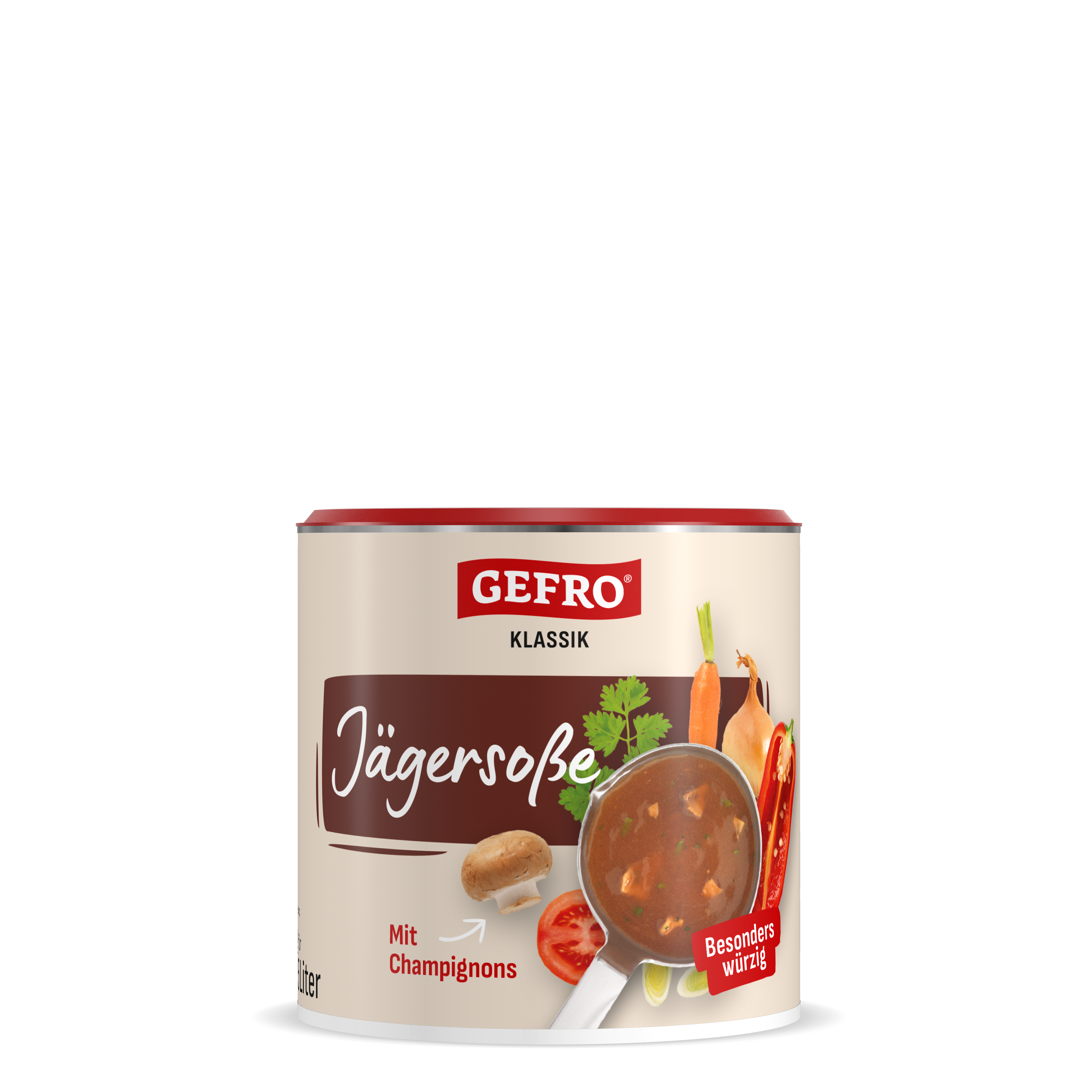 Dose Gefro Klassik Jägersoße mit Champignons, abgebildet mit Soße in Pfanne und Gemüse auf der Verpackung